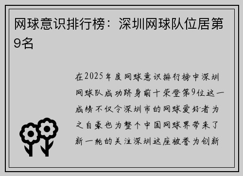 网球意识排行榜：深圳网球队位居第9名