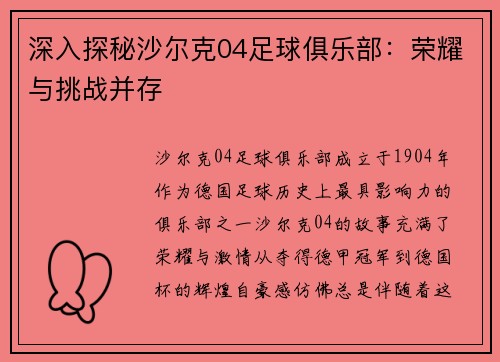 深入探秘沙尔克04足球俱乐部：荣耀与挑战并存