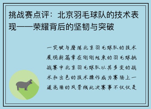 挑战赛点评：北京羽毛球队的技术表现——荣耀背后的坚韧与突破