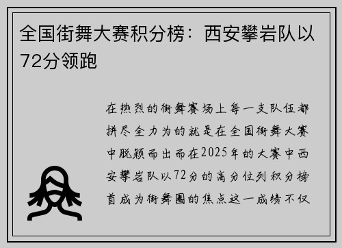 全国街舞大赛积分榜：西安攀岩队以72分领跑