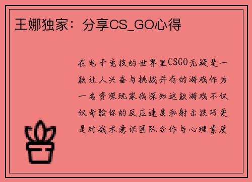 王娜独家：分享CS_GO心得